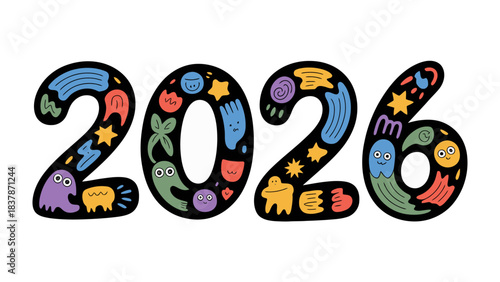 Future Year 2026: An illustrated depiction of the year 2026, where vibrant illustrations in each number, it represents the forward looking and anticipating the opportunities of future.