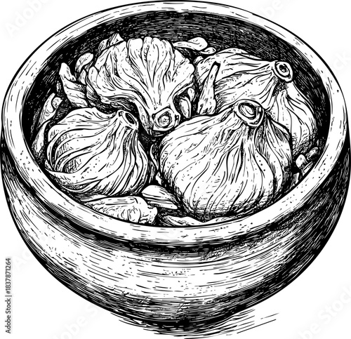 Detailed sketch of garlic bulbs in a wooden bowl