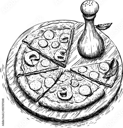 Hand-drawn pizza on wooden board with seasoning bottle nearby