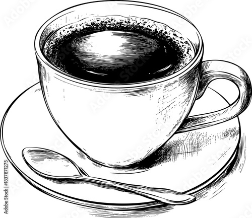 Hand-drawn black coffee cup on a saucer with spoon