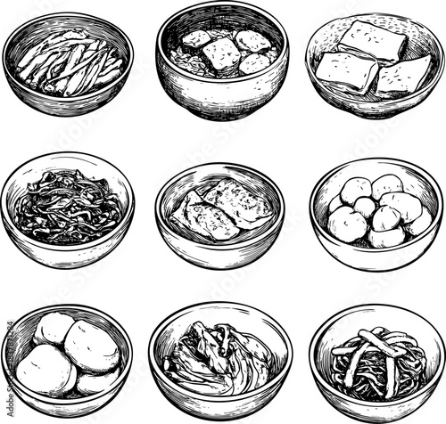 Hand-drawn illustration of various asian food bowls filled with ingredients