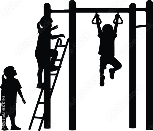 Black and white children silhouette playing on playground jungle gym monkey bars vector illustration kids climbing ladder isolated on white background summer activity