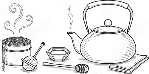 Black and white line drawing of tea preparation with kettle tea leaves strainer and honey dipper vector