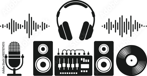 Black and white icons of audio equipment including headphones microphone speakers turntable and sound waves