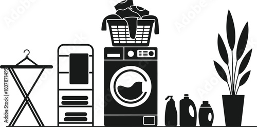 Laundry room scene with washing machine drying rack detergent and plant clothes basket laundry detergent