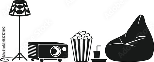 Black silhouette of a floor lamp projector popcorn bucket drink and bean bag chair vector