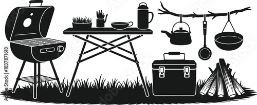 Black silhouette of outdoor cooking and camping equipment on grass barbecue grill picnic table