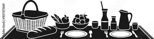 Black and white illustration of a picnic spread with basket bread fruit drinks and place settings