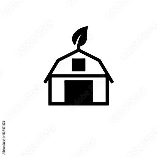 black and white icon depicting a barn or a greenhouse with a leaf symbol on the roof. This symbolizes safe food storage, modern agriculture, controlled farming, and food preservation