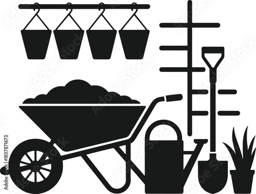 Black silhouette of gardening tools including wheelbarrow watering can shovel pots and plant vector