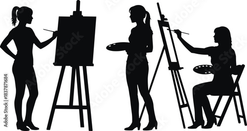 Black and white female artist silhouette set vector illustration woman painting on canvas with easel holding brush and palette isolated on white background