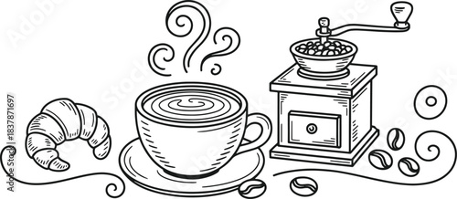Hand drawn illustration of a steaming coffee cup croissant and coffee grinder with beans coffee beans