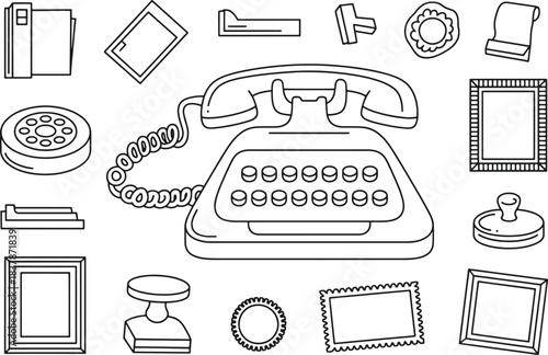 Vintage office supplies and stationery icons including rotary phone stamps and frames vector