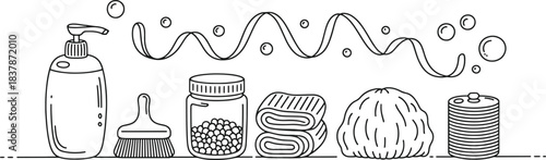 Line art of cleaning supplies and bath items with bubbles hygiene soap dispenser