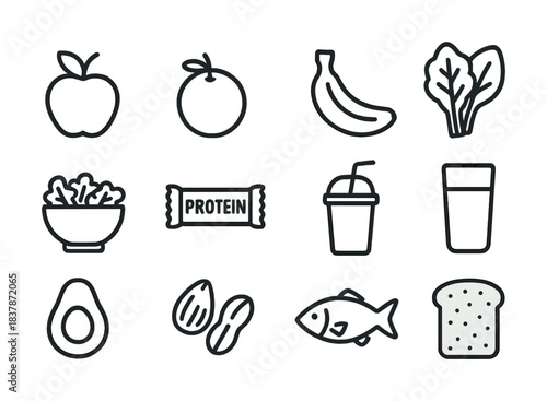 Healthy food icons: fruits, vegetables, protein, and drinks
