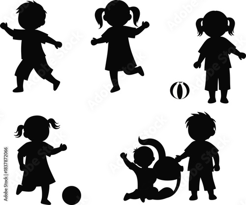 Black and white happy children silhouette set vector illustration kids playing soccer and beach ball with active poses isolated on white background graphic design elements