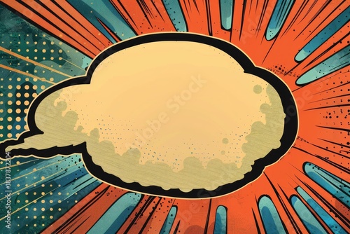 Blank cartoon balloon with copy space over a colorful vintage background with halftone dots and radial lines