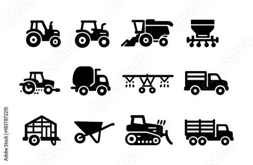Farming equipment icons set: tractor, harvester, seeder, sprayer, truck, wheelbarrow, greenhouse