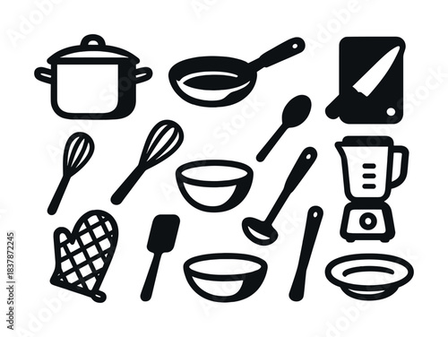 Collection of kitchen utensils: pot, pan, whisks, bowls, blender, cutting board