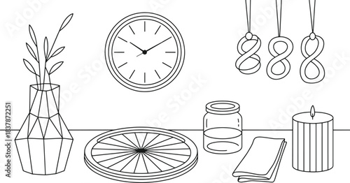 Line art still life arrangement with vase clock jar candle and decorative elements drawing illustration