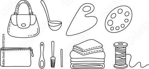 Hand drawn collection of objects including handbag ladle gua sha palette fork spoon cosmetic bag folded fabric and spool of thread