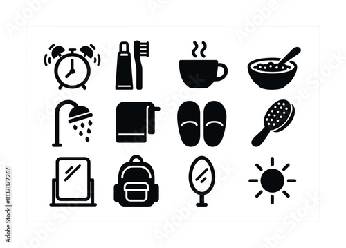 Morning routine icons: alarm, coffee, toothbrush, shower, breakfast, backpack, mirror, sun