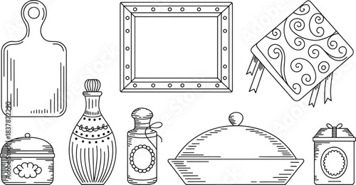 Hand drawn line art collection of kitchen and decorative objects cutting board frame