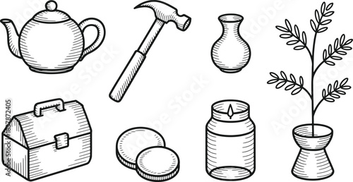 Hand drawn sketch of a teapot hammer briefcase coins jar plant and vase vector