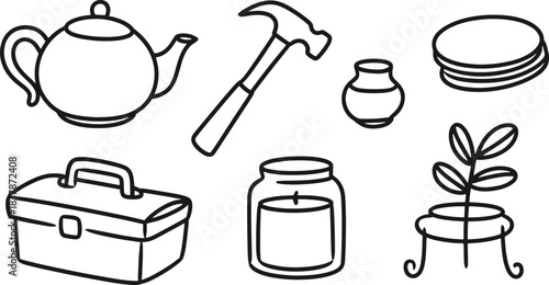 Black and white line art illustrations of household objects and tools teapot hammer