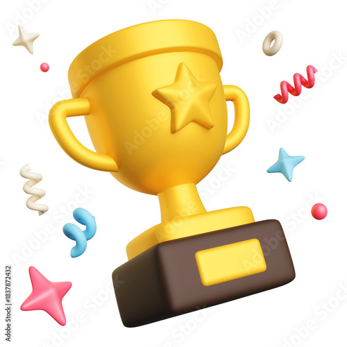 3D golden trophy cup icon floating with colorful confetti, symbol of victory and achievement, cute cartoon render isolated on transparent background