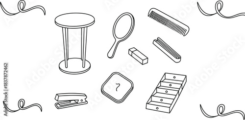 Black and white line art illustration of office and grooming supplies on a white background office supplies