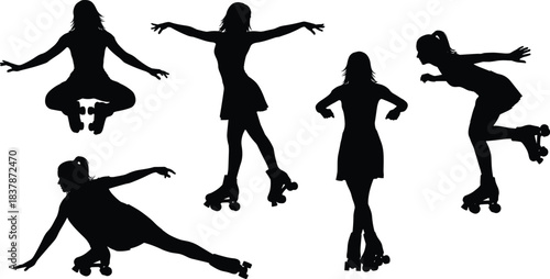 Black and white roller skater silhouette set vector illustration female figure skating poses collection isolated on white background active sport girl design element