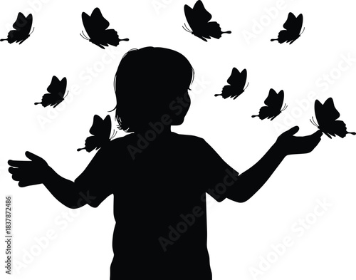 Black and white silhouette of happy child girl playing with flock of flying butterflies vector illustration isolated on white background nature freedom and childhood concept