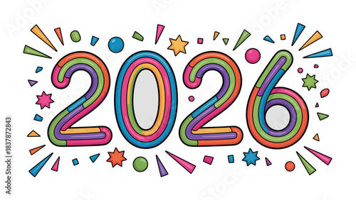 Celebratory New Year 2026: An intricately designed display marks the dawn of 2026, radiating with a kaleidoscope of vivid colors. The digits are framed with dynamic starbursts and confetti.