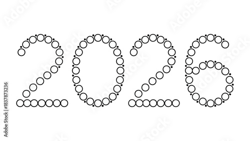 Year 2026: The number 2026 is artfully formed, using an arrangement of meticulously placed circular shapes. A minimalist design, it's perfect for conveying a sense of precision and forward-thinking.