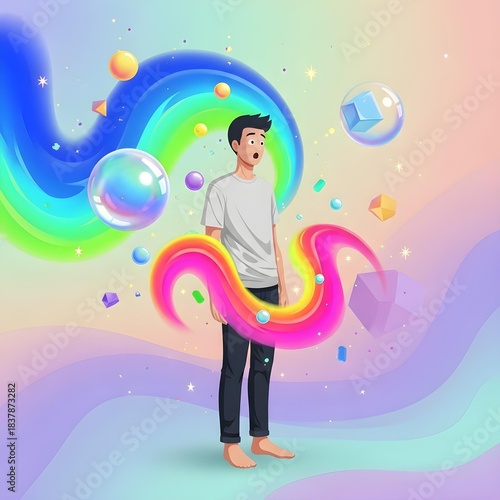 Enigmatic Human Amid a Surreal Dreamscape: A Playful, Abstract Journey Through Vibrant, Bamboozled Emotions, and Whimsically Serene, Illuminated Oddities Unveiled