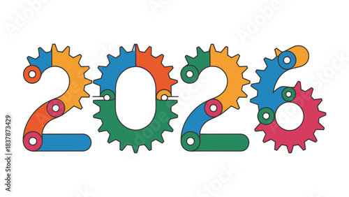 The Mechanics of 2026: A vibrant and creative illustration of the year 2026, where the numbers are ingeniously crafted from interconnected gears and mechanical elements, symbolizing progress.