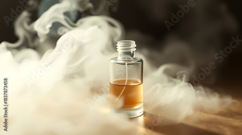 A hyperrealistic image of a perfumed mist subtly swirling around a delicate glass vial, bathed in soft, diffused light.