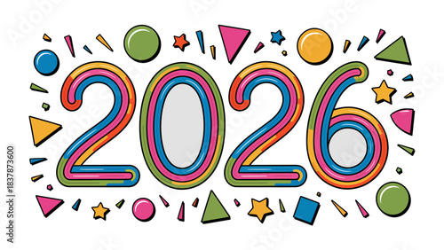 2026 Year Illustration: A vibrant illustration showcasing the year 2026, embellished with colorful shapes and a celebratory vibe, perfect for forward-thinking and future-oriented content.