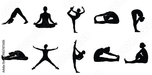 Collection of diverse yoga and stretching poses in silhouette.
