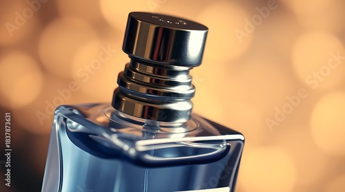 A hyperrealistic still life of a perfume bottle, its metallic cap catching a sharp highlight, with a soft bokeh effect in the background, suggesting an alluring fragrance