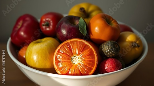 A hyperrealistic still life, featuring a bowl of assorted fruits, rendered with photographic precision. The lighting highlights the glossy skins and subtle imperfections of the produce