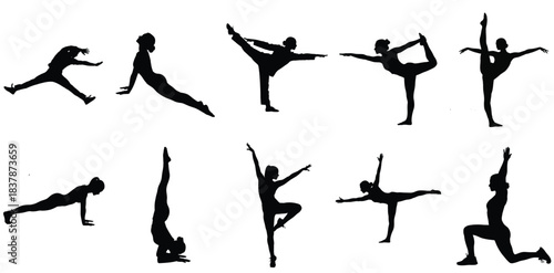 Fitness silhouettes: various yoga, exercise, and dance poses