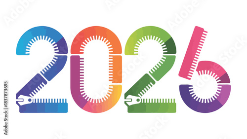 2026: Zipped into the future: a vibrant illustration showcasing the year 2026, creatively formed by zippers and rulers in a colorful spectrum, representing precision.