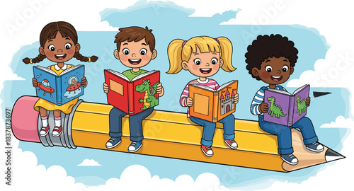Children reading, flying pencil, imagination journey, book lovers, sky adventure, cartoon illustration, learning fun, diverse kids, education theme