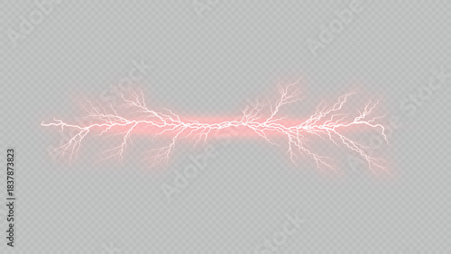 Abstract horizontal red glowing lightning bolt or electric discharge effect, isolated on white background
