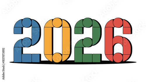 Year 2026 Typography: A vibrant and colorful design spells out the year 2026, using geometric shapes to create a modern and visually appealing numeral.