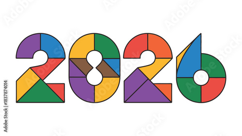 Colorful 2026 Puzzle: The year 2026 is creatively presented through a puzzle using geometric shapes, each rendered in a vibrant color, suggesting a playful and imaginative approach to the new year. 