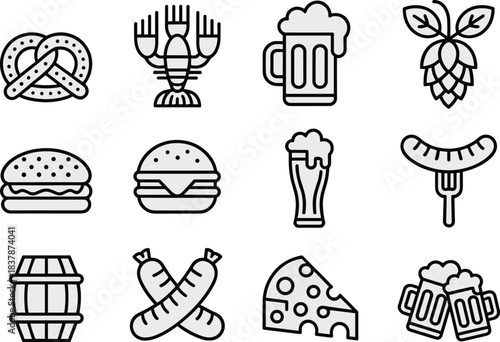 Food and drink line icon set vector illustration, beer mug pretzel burger sausage and cheese symbols isolated on white background for menu