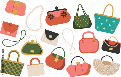 Handbags, purses, clutches, totes, satchels, pearl necklaces, fashion accessories, stylish bags, elegant design, wardrobe elements, vector illustration